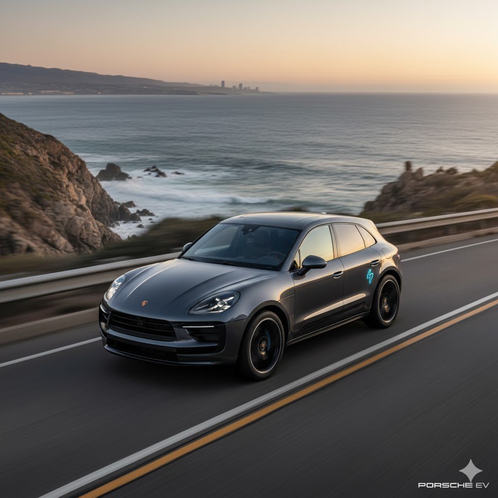 The all-electric Porsche Macan Turbo driving at speed on a winding road.